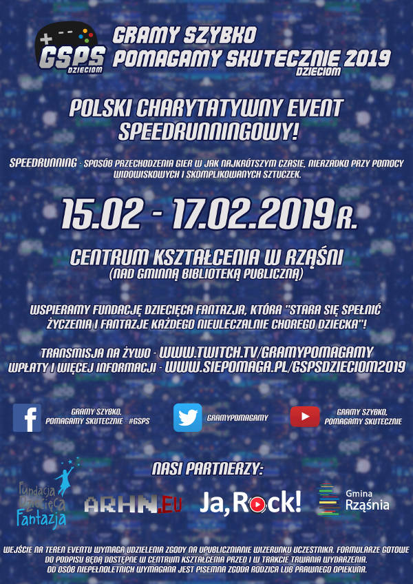 Polski charytatywny event speedrunningowy. Gramy Szybko Pomagamy Skutecznie 2019