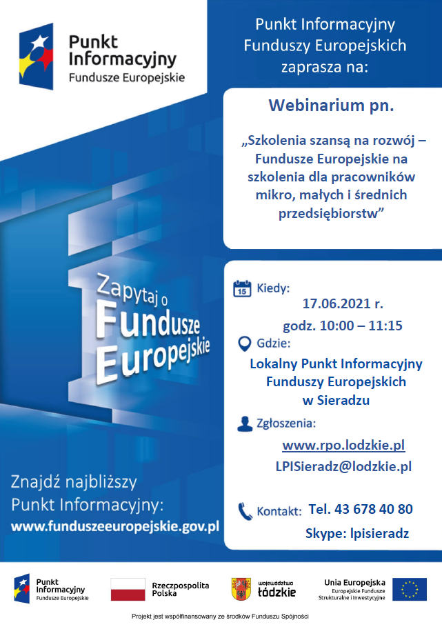 Plakat „Szkolenia szansą na rozwój - Fundusze Europejskie na szkolenia dla pracowników mikro, małych, średnich przedsiębiorstw”