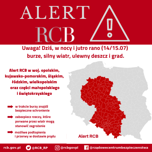 Alert RCB – burze, silny wiatr, ulewny deszcz i grad