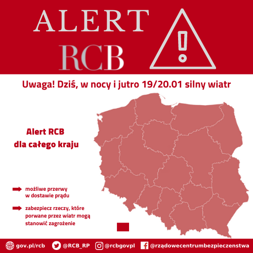 Alert RCB (19/20.01) – silny wiatr