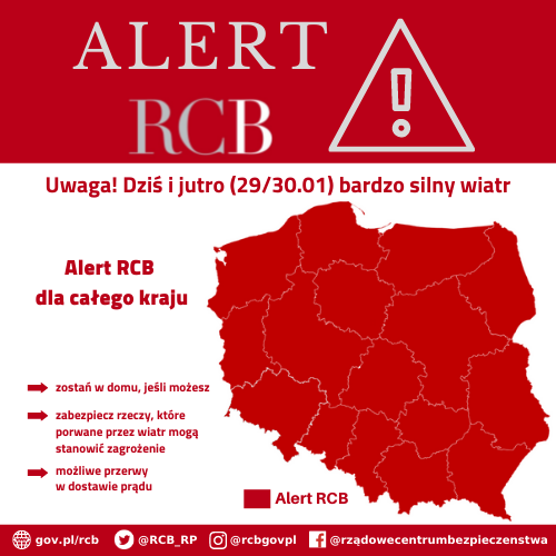 Alert RCB (29/30.01) – bardzo silny wiatr
