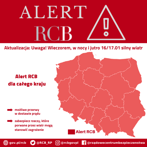 Alert RCB (16/17.01) – silny wiatr