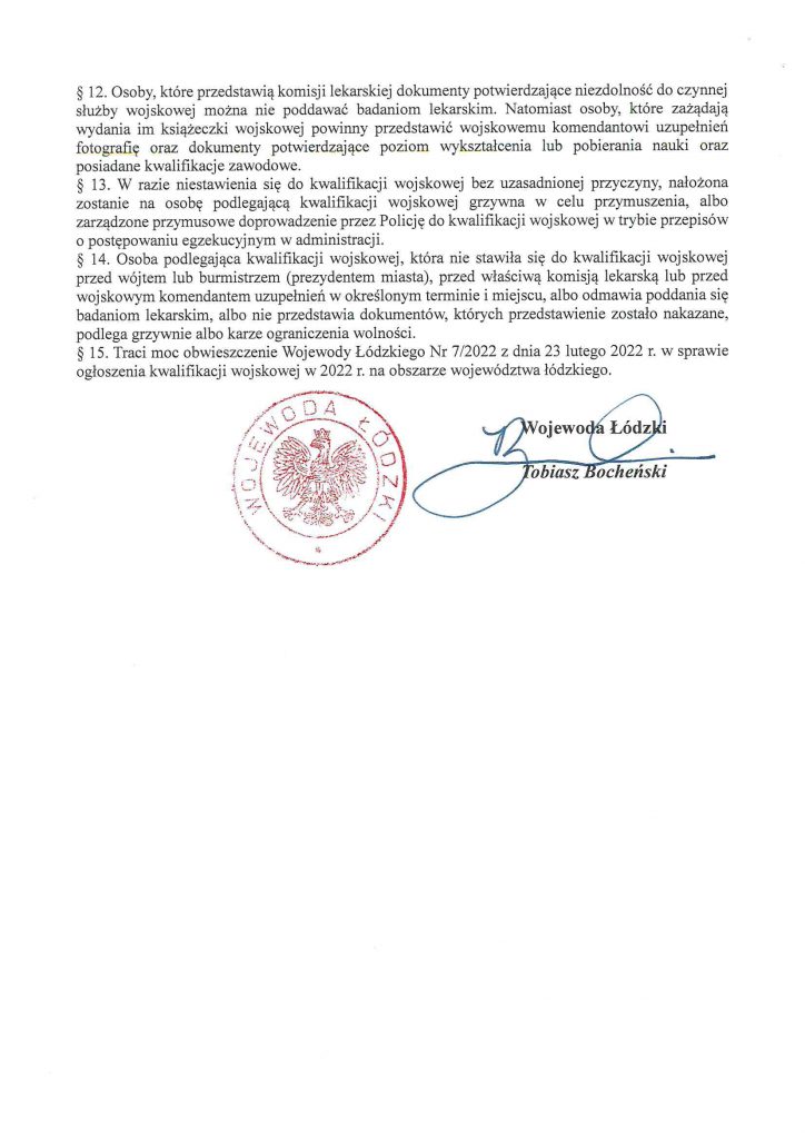 Obwieszczenie Wojewody Łódzkiego Nr 8/2022 z dnia 3 marca 2022 r. w sprawie ogłoszenia kwalifikacji wojskowej w 2022 r. na obszarze województwa łódzkiego