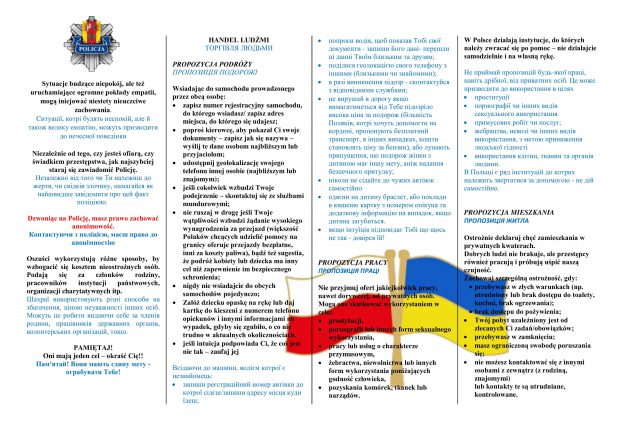 KPP Pajęczno - Ulotka informacyjna polsko-ukraińska, handel ludźmi-cyberzagrożenia