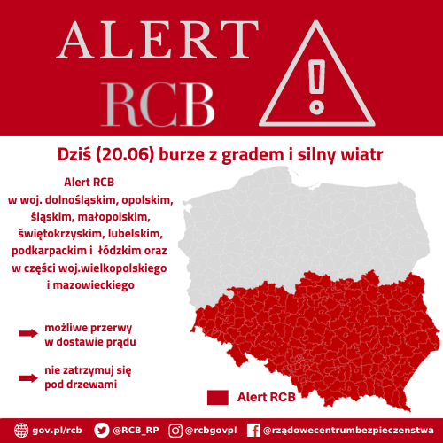 Alert RCB (20.06) – burze z gradem i silny wiatr
