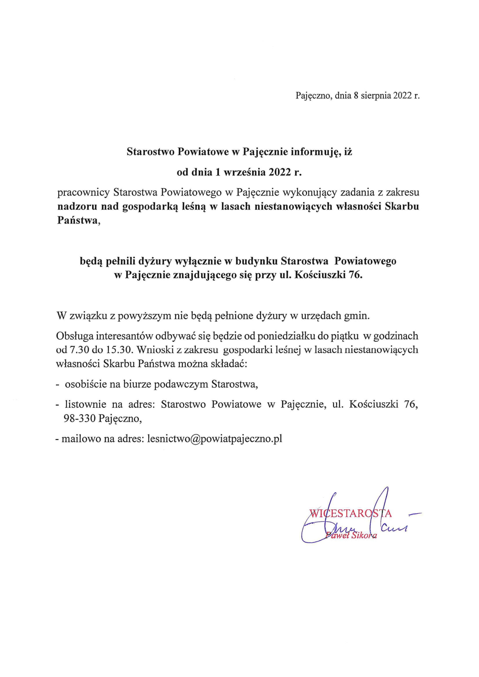 Informacja Starostwa Powiatowego w Pajęcznie dotycząca dyżurów leśniczego