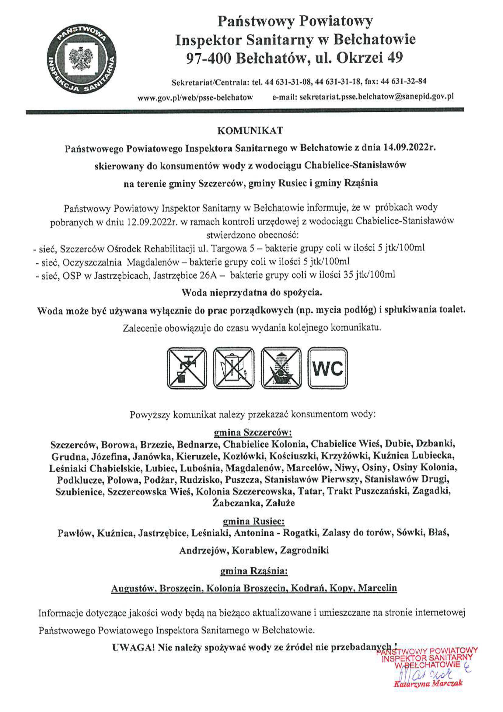 Komunikat PPIS w Bełchatowie z dnia 14.09.2022 r. skierowany do konsumentów wody z wodociągu Chabielice