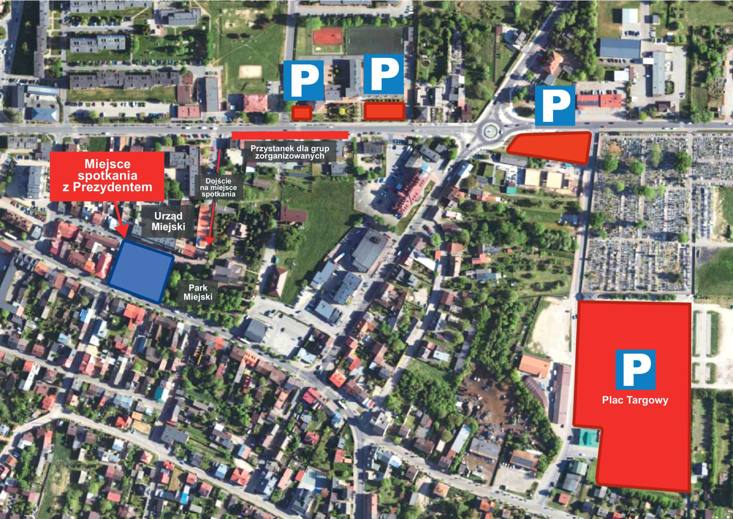 mapa poglądowa ze wskazanymi miejscami parkingowymi wyznaczonymi dla uczestników spotkania