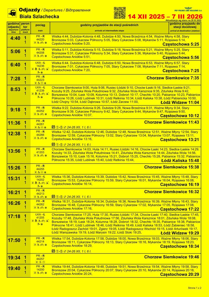 Rozkład jazdy pociągów ze stacji Biała Szlachecka obowiązujący od 14 grudnia 2025 r