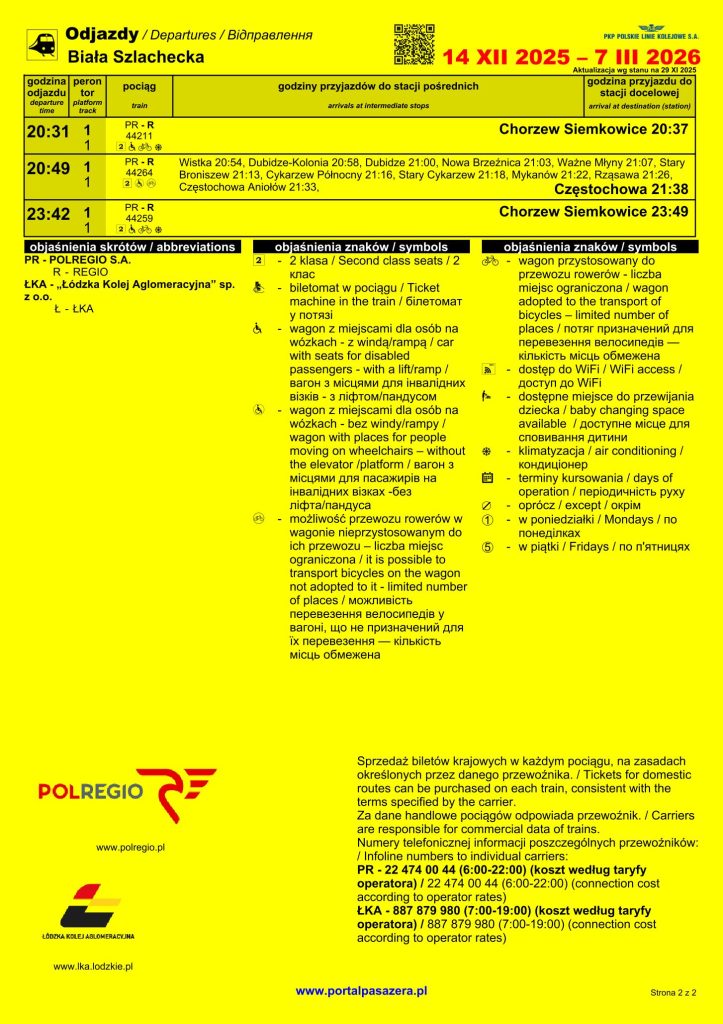 Rozkład jazdy pociągów ze stacji Biała Szlachecka obowiązujący od 14 grudnia 2025 r