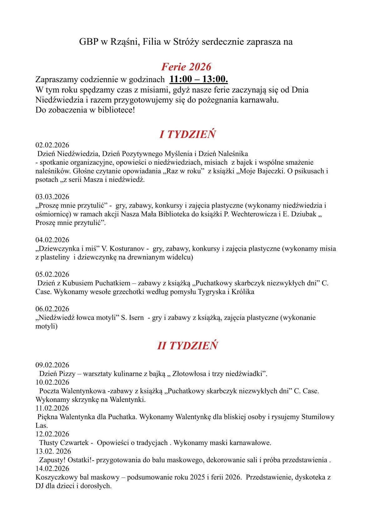 Ferie zimowe w Gminnej Bibliotece Publicznej w Rząśni, Filia w Stróży