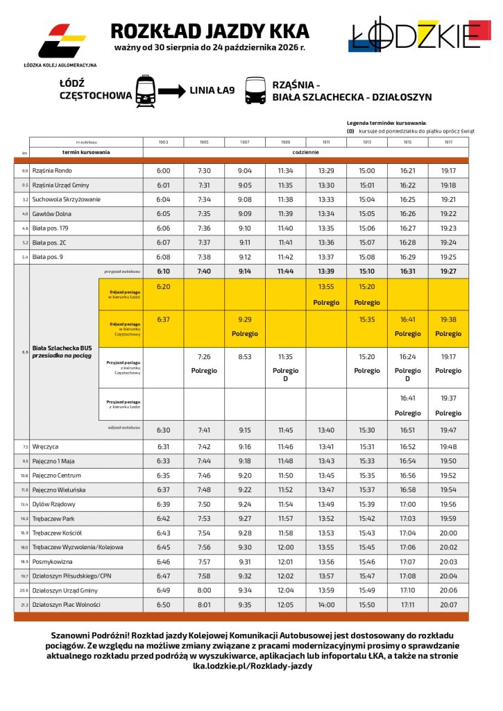 Rozkład jazdy Kolejowej Komunikacji Autobusowej obowiązujący od 30 sierpnia 2026 r..
