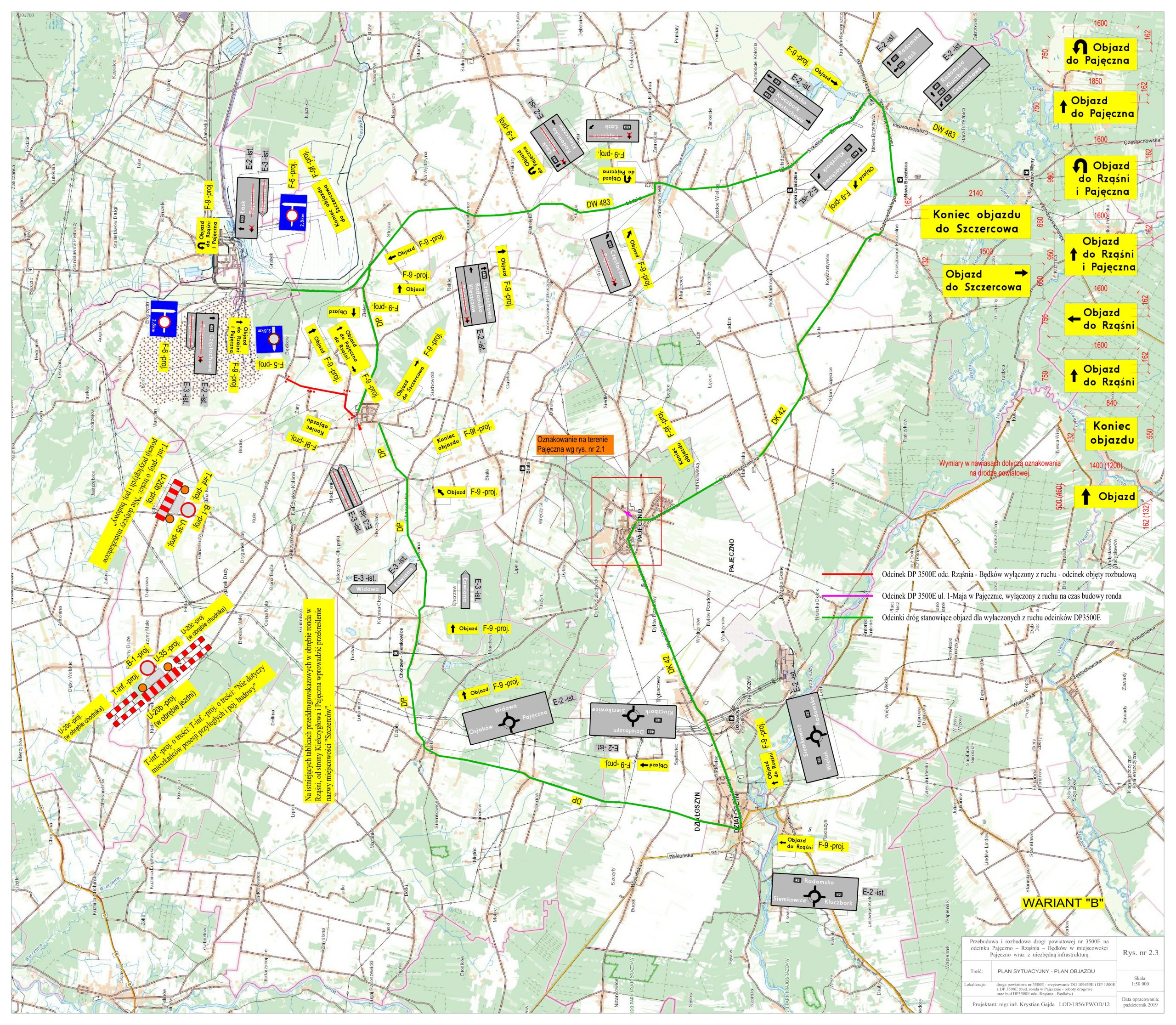 Informacja o zamknięciu drogi powiatowej Rząśnia - Będków (wysoka rozdzielczość - mapa obrazująca całość objazdów objętych inwestycją)